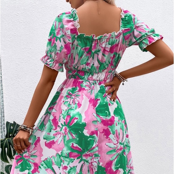 FLORAL FRILL TRIM SQUARE NECK DRESS - Picture 2 of 6